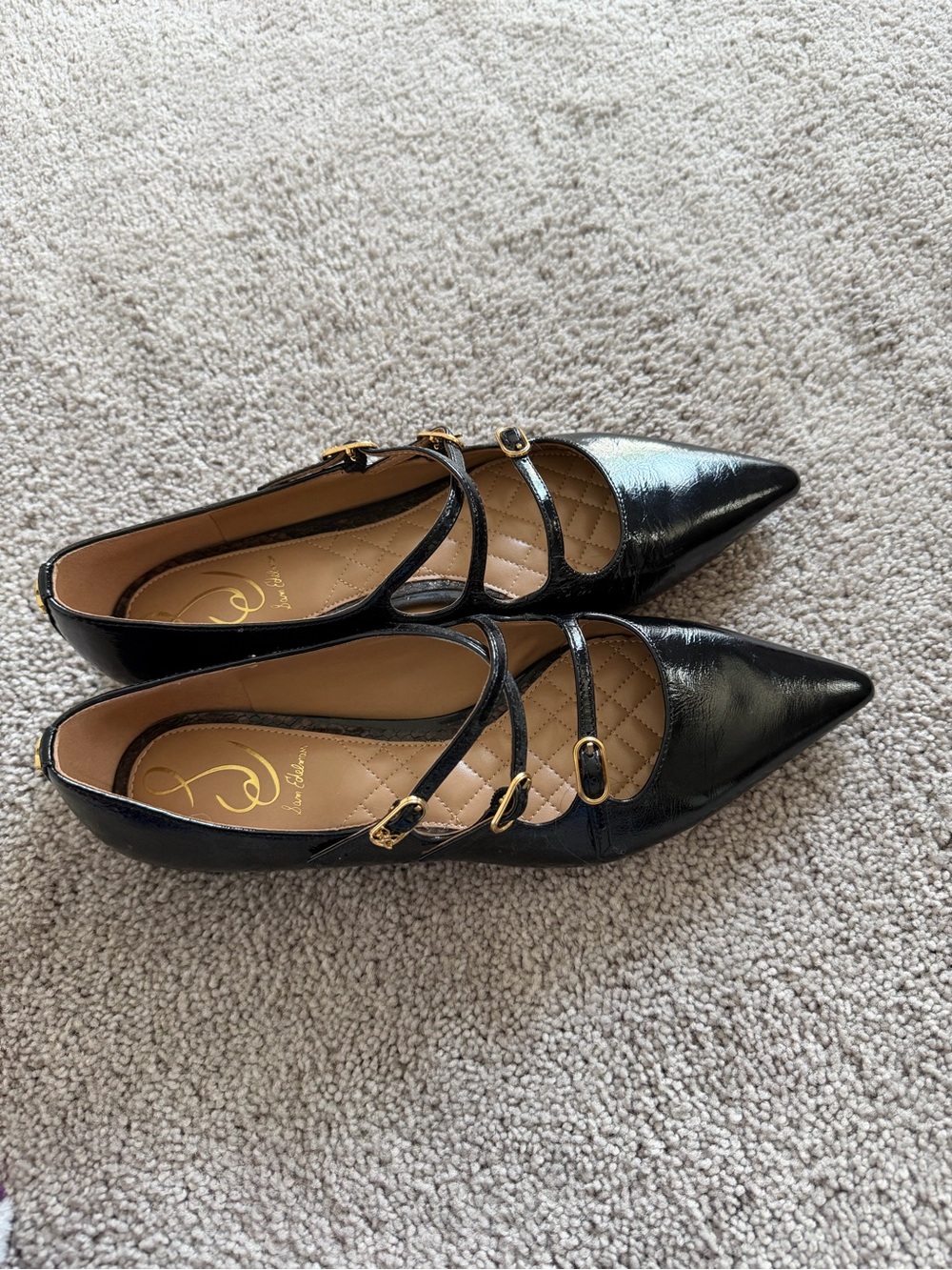 Pointed Mary Jane Flats in Black with Gold Buckles
